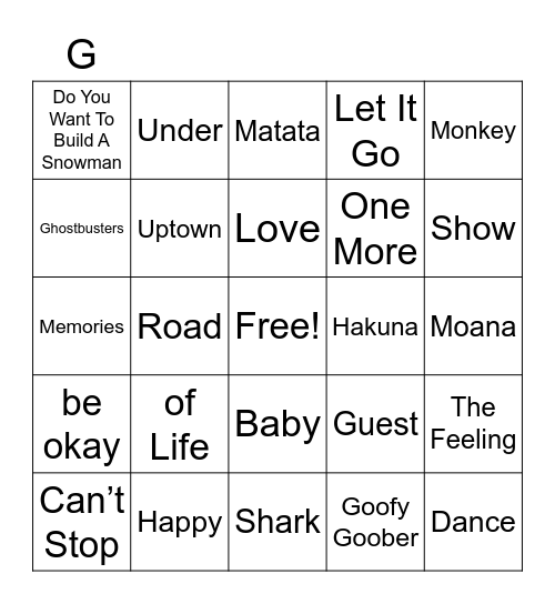Music Bingo Card