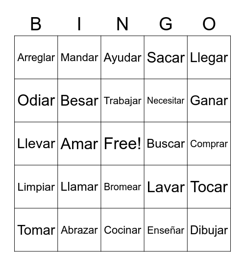-AR verbs Bingo Card