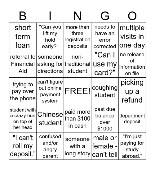 Bursar Bingo Card