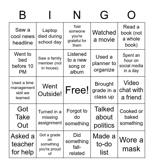 Things I Did This Week Bingo Card