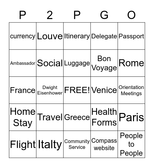 People to People Student Ambassador BINGO Card