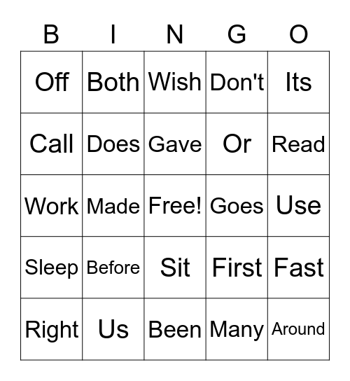 2nd Grade Sight Words Bingo Card