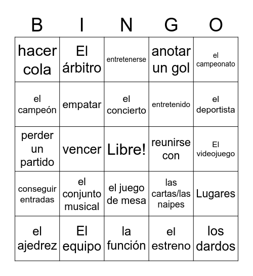 Las Diversiones, Los Deportes, y Los Lugares Bingo Card