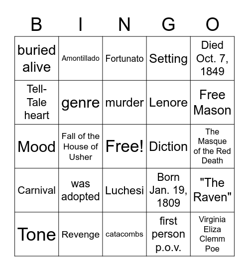 Edgar Allan Poe Bingo Card