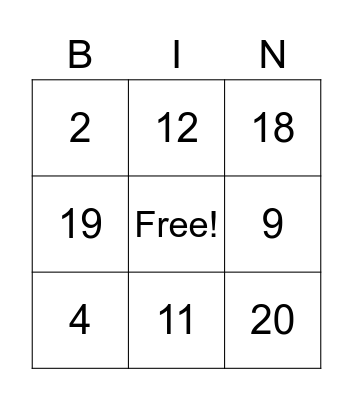 test Bingo Card