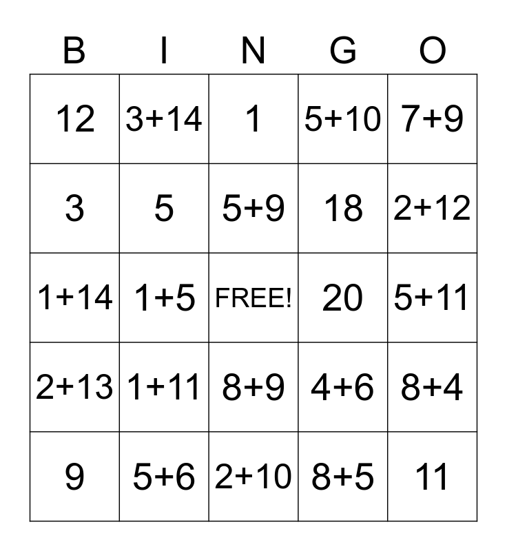 Addition Bingo Card