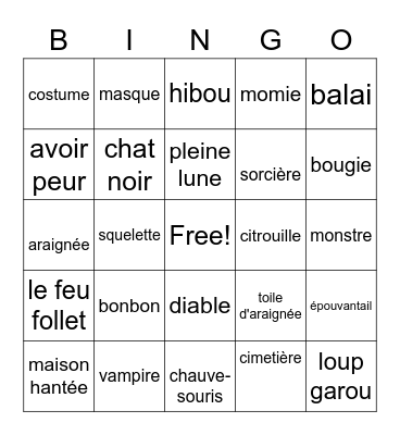 C'est halloween! Bingo Card