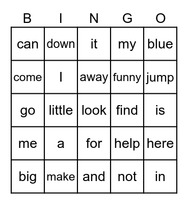 Pre-K Sight Words Pt. 1 Bingo Card
