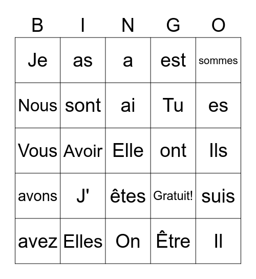 Avoir et Être au présent Bingo Card