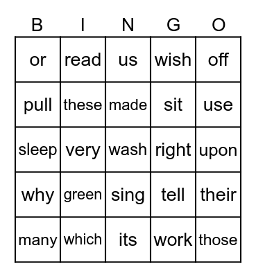 Second Grade Sight Words Bingo Card