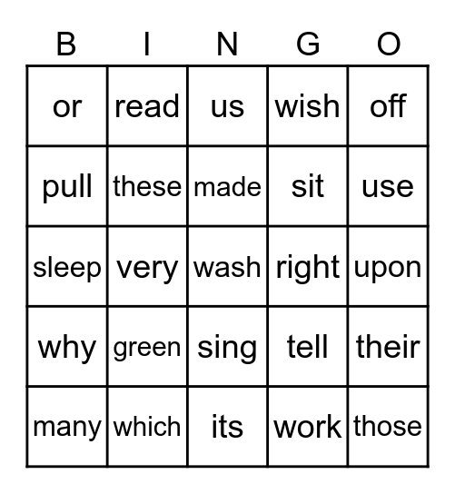 Second Grade Sight Words Bingo Card