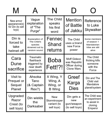 Season 2 Predictions Bingo Card