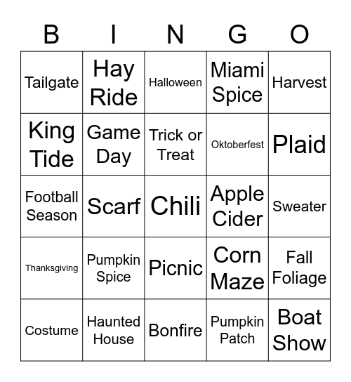 Fall Festivities Bingo Card