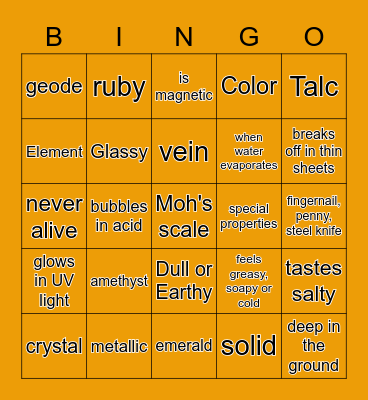 Minerals Bingo Card