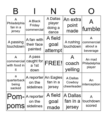 Cowboys/Eagles Football Bingo Card