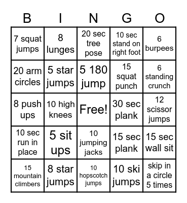 Fitness Bingo Card