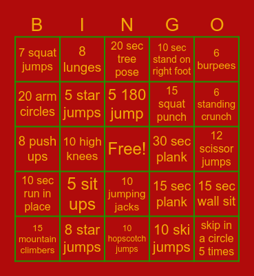 Fitness Bingo Card