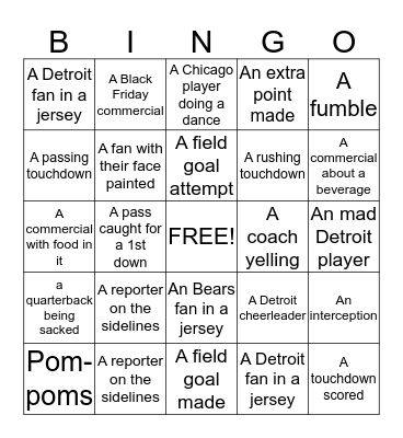 Lions/Bears Football Bingo Card