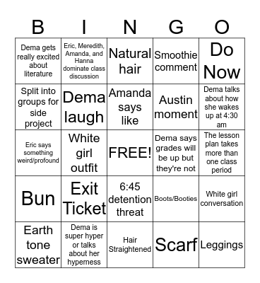 English Class Bingo Card