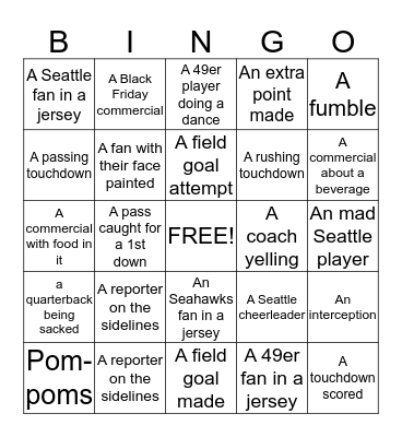 Seahawks/49ers Football Bingo Card