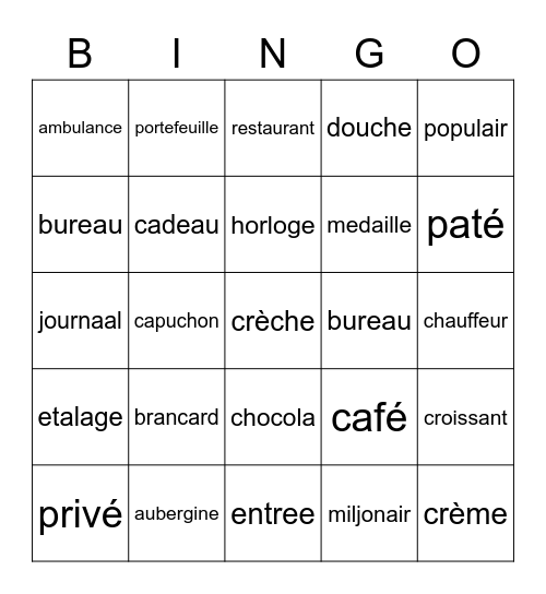 Franse leenwoorden Bingo Card