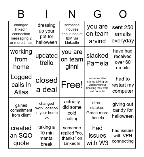 team bingo Card