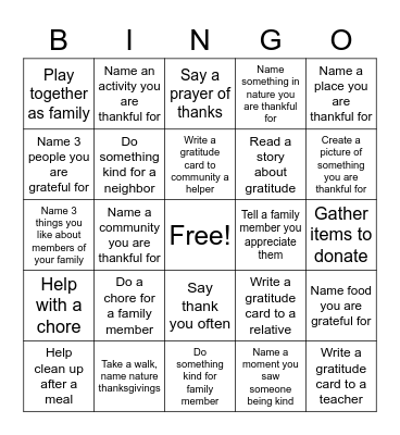 Family Gratitude Bingo Card