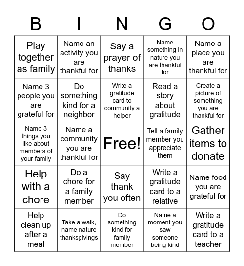 Family Gratitude Bingo Card