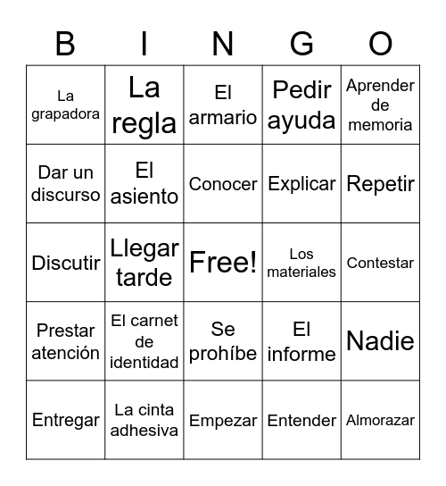 Vocabulario 1A Bingo Card