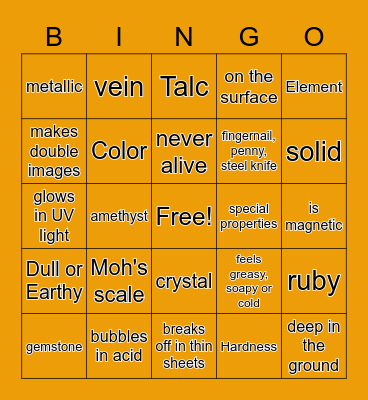 Minerals Bingo Card