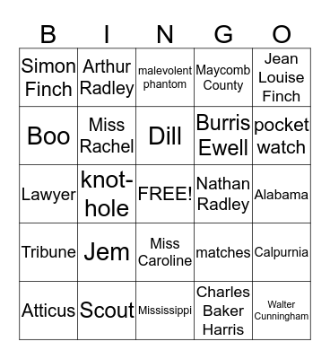 To Kill a Mockingbird Bingo Card