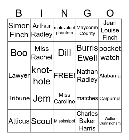 To Kill a Mockingbird Bingo Card