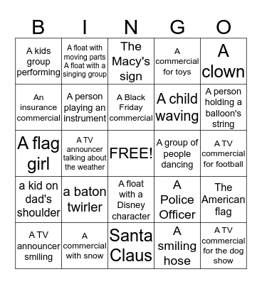Thanksgiving Day Parade Bingo Card