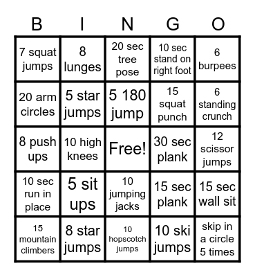 Fitness Bingo Card