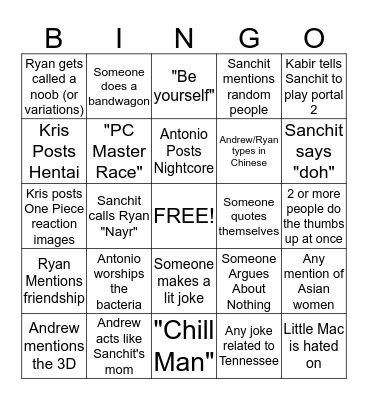 Video Game Chat bingo Card