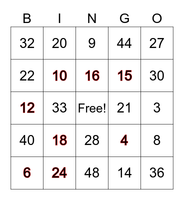 multiplication X2,3,4 Bingo Card