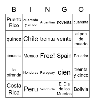 Spanish Club- 10/28/20 Bingo Card