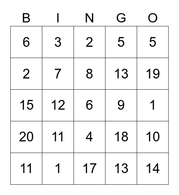 Addition bingo 0-20 Bingo Card