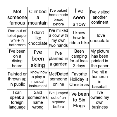 Life Experiences Bingo Card