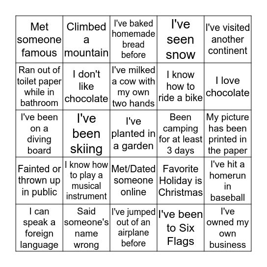 Life Experiences Bingo Card