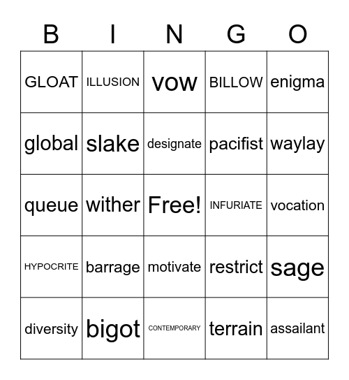 Unit 3 Vocabulary Bingo Card