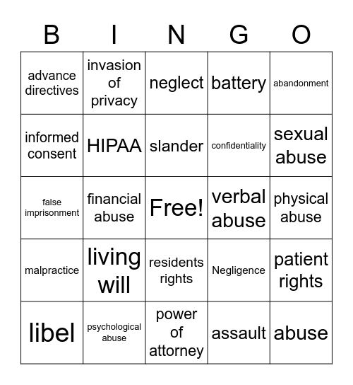 Legal/Ethical Bingo Card