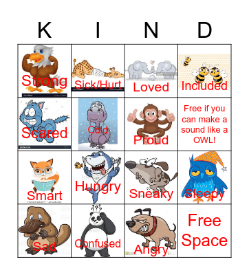 Animal Bingo/Identifying Feelings Bingo Card