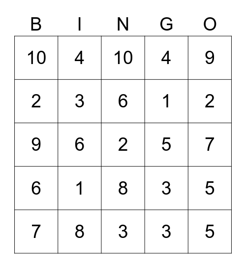 Numbers - 10 Bingo Card
