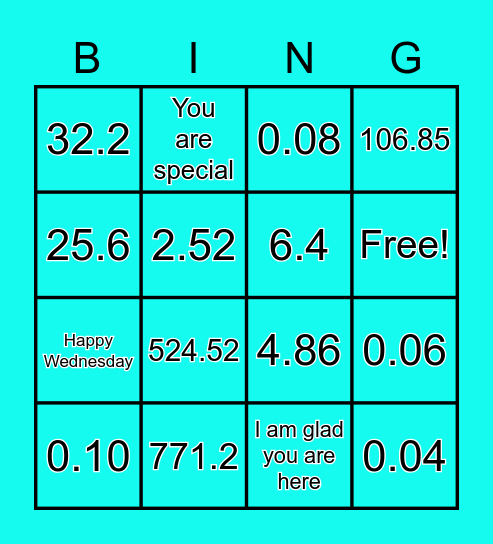 Decimal Multiplication Bingo Card