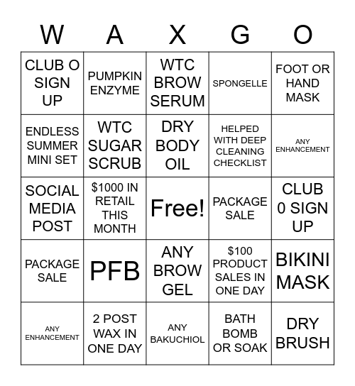WAXGO Bingo Card