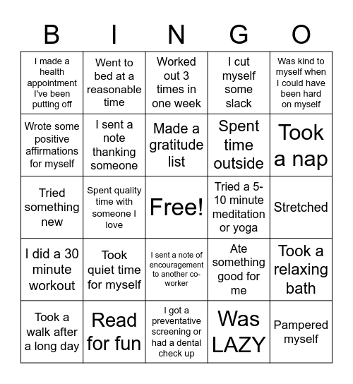 SGIS SELF CARE BINGO Card