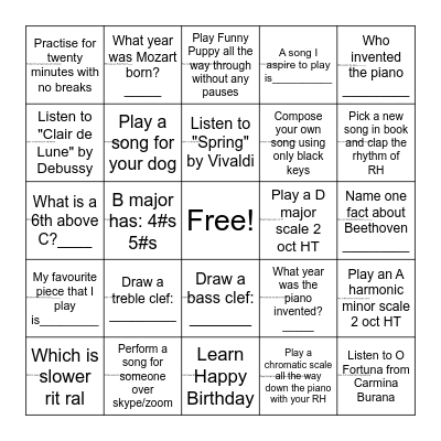 Piano Bingo Card