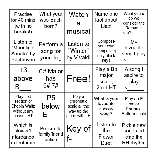 Musical Bingo Card