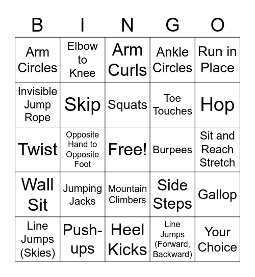 Fitness Bingo Card